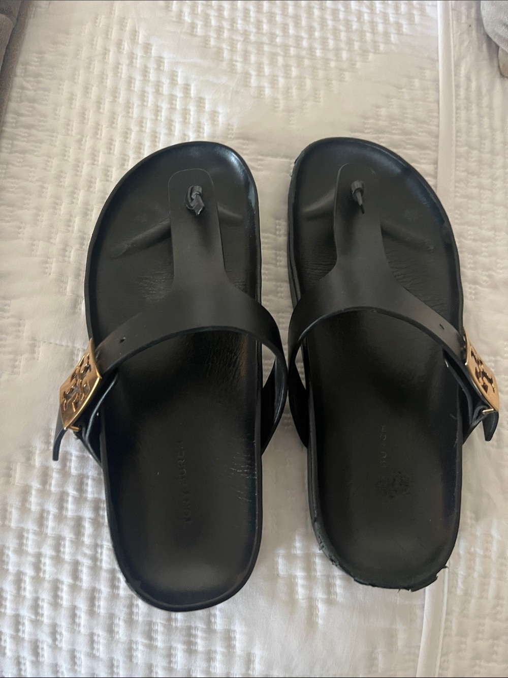 Black Women's Tory Burch Thong Sandals with Gold Buckle